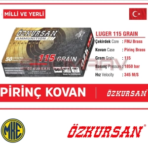 Özkursan 9mm 115 Gr Pirinç Tabanca Mermisi