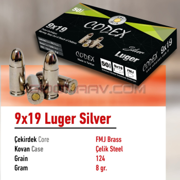 Codex 9 19 Luger Silver 9mm Tabanca Mermisi